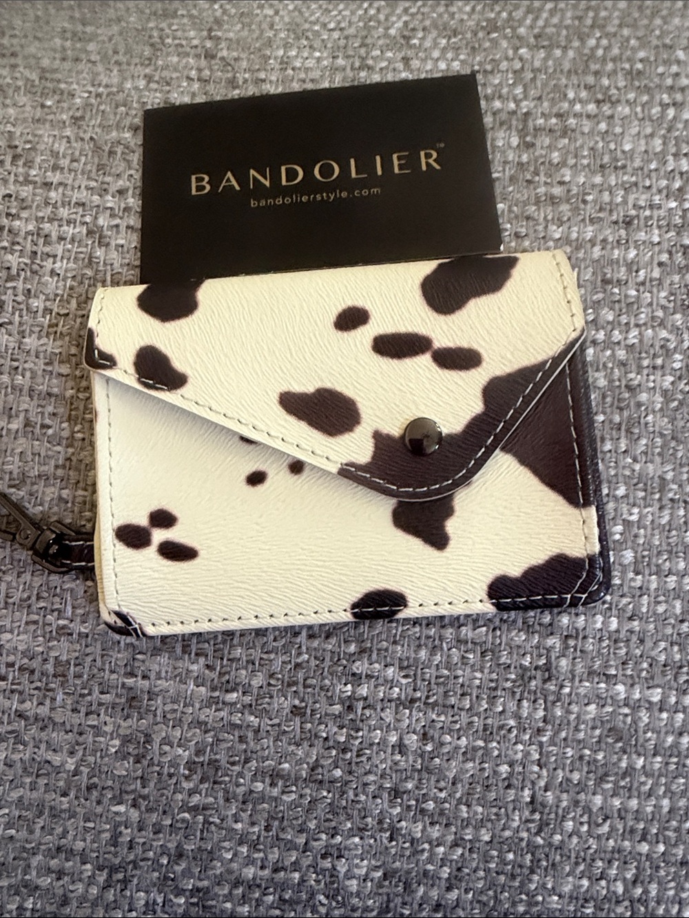 Bandolier Mini Wallet in Cow Print Cream and Black